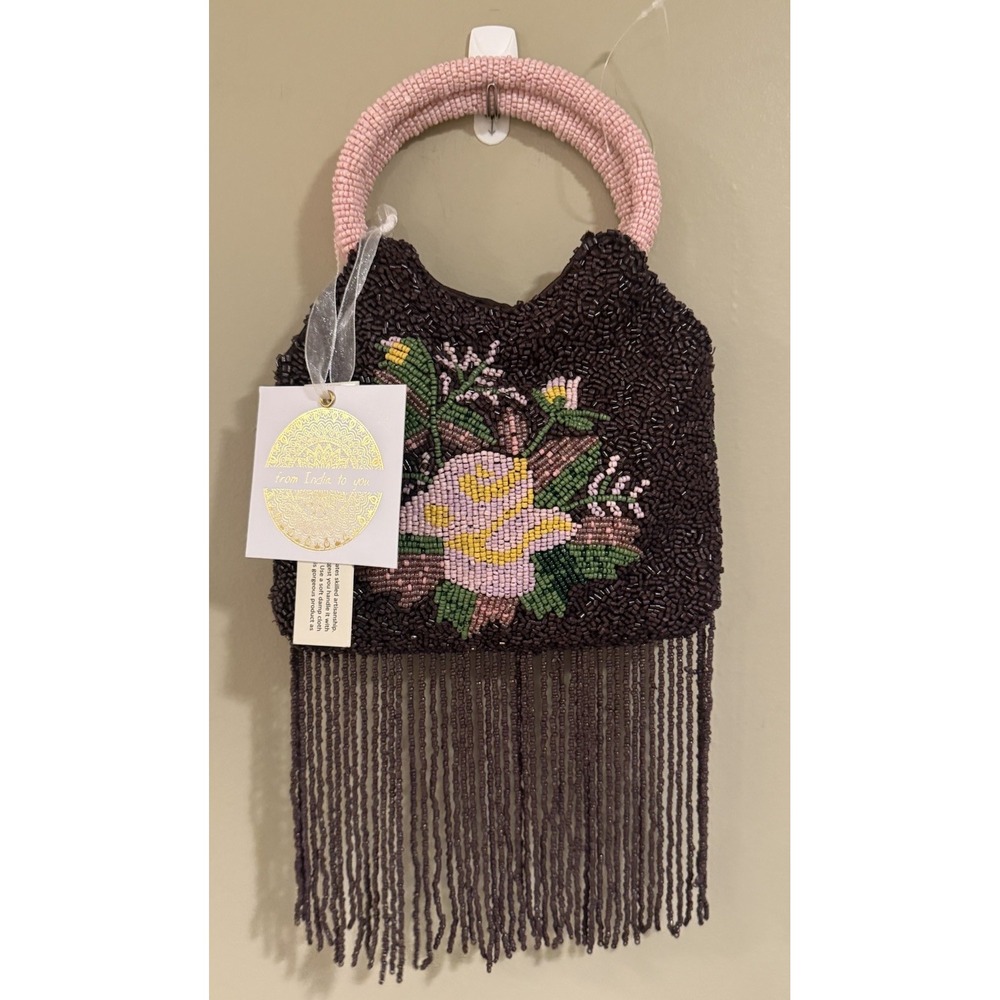 Hand Beaded "From India to You"Floral Fringe Evening Bag Purse NWT